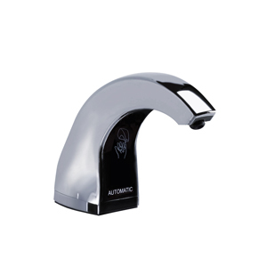 Faucet-style touchless soap dispenser in polished chrome