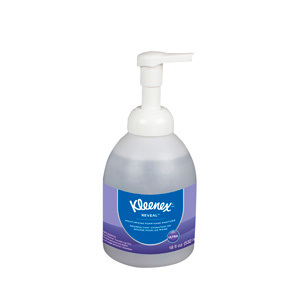 A bottle of Kleenex® Reveal™ ultra moisturizing foam hand sanitizer on a white background.
