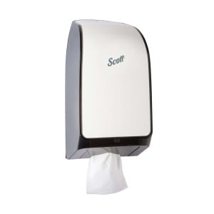 A white and black Scott® Control hygienic toilet paper dispenser on a white background.