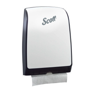 A white and black Scott® Control slimfold towel dispenser on a white background.