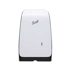 A white and black Scott® Control hand soap and sanitizer dispenser on a white background.