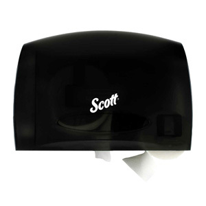 A black Scott® Essential jumbo roll toilet paper dispenser on a white background.