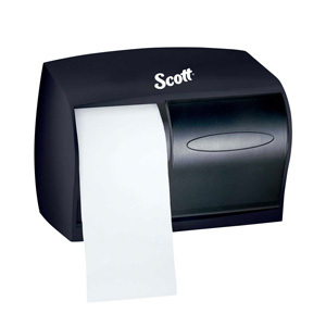 A black Scott® Essential standard roll toilet paper dispenser on a white background.