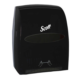A black Scott® Essential manual hard roll towel dispenser on a white background.