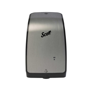 A chrome and black Scott® Pro electronic skin care dispenser on a white background.