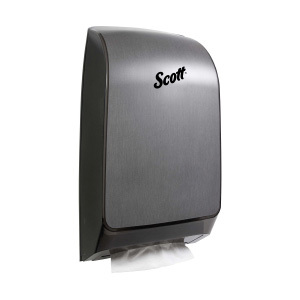 A chrome and black Scott® Scottfold™ folded towel dispenser on a white background.