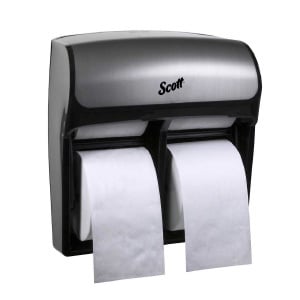 A chrome and black Scott® Pro 4 roll standard toilet paper dispenser on a white background.