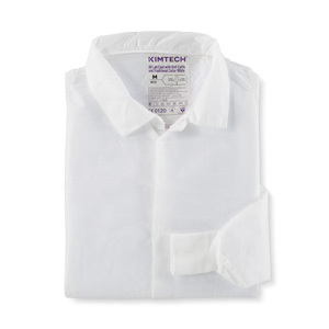 A folded Kimtech® cleanroom lab coat on a white background.