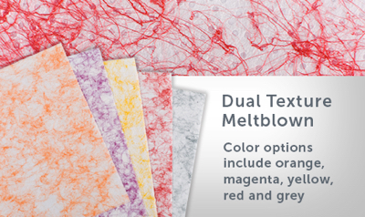 Orange, magenta, yellow, red and grey sheets of dual texture meltblown