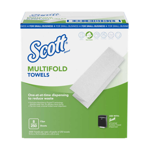 A box of Scott® multifold towels on a white background.