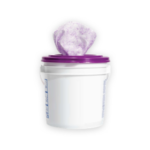 White bucket with one wet substrate sheet dispensed from purple lid