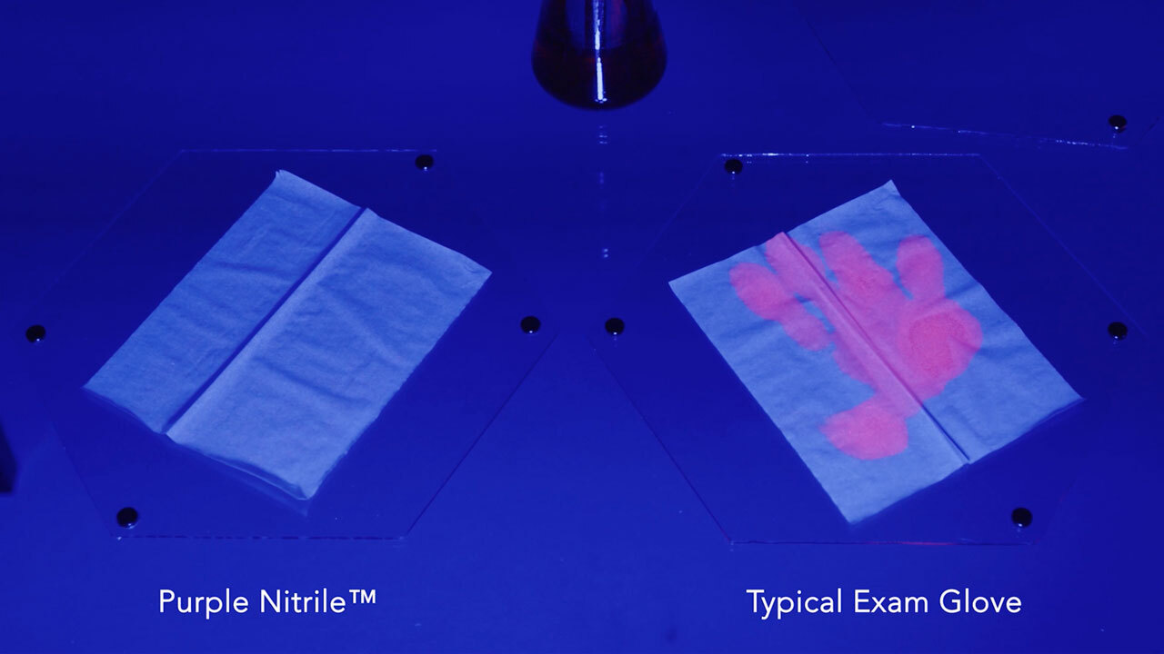 Side-by-side comparison of the effects of a Purple Nitrile™ glove vs a typical exam glove after chemical exposure.