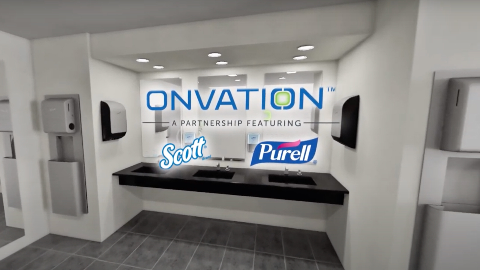 Wide view of white, brightly lit restroom with Onvation featuring Scott and Purell logo in front of mirror.