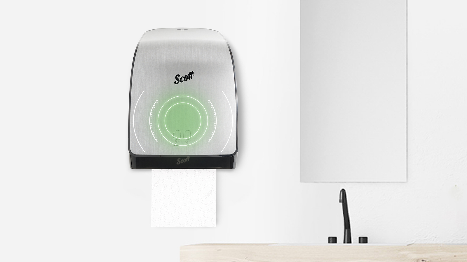 Smart technology paper towel and soap dispensers mounted on restroom wall