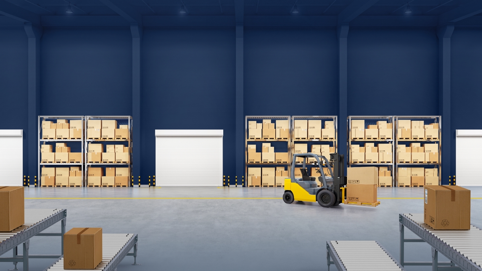 Forklift in warehouse filled with boxes