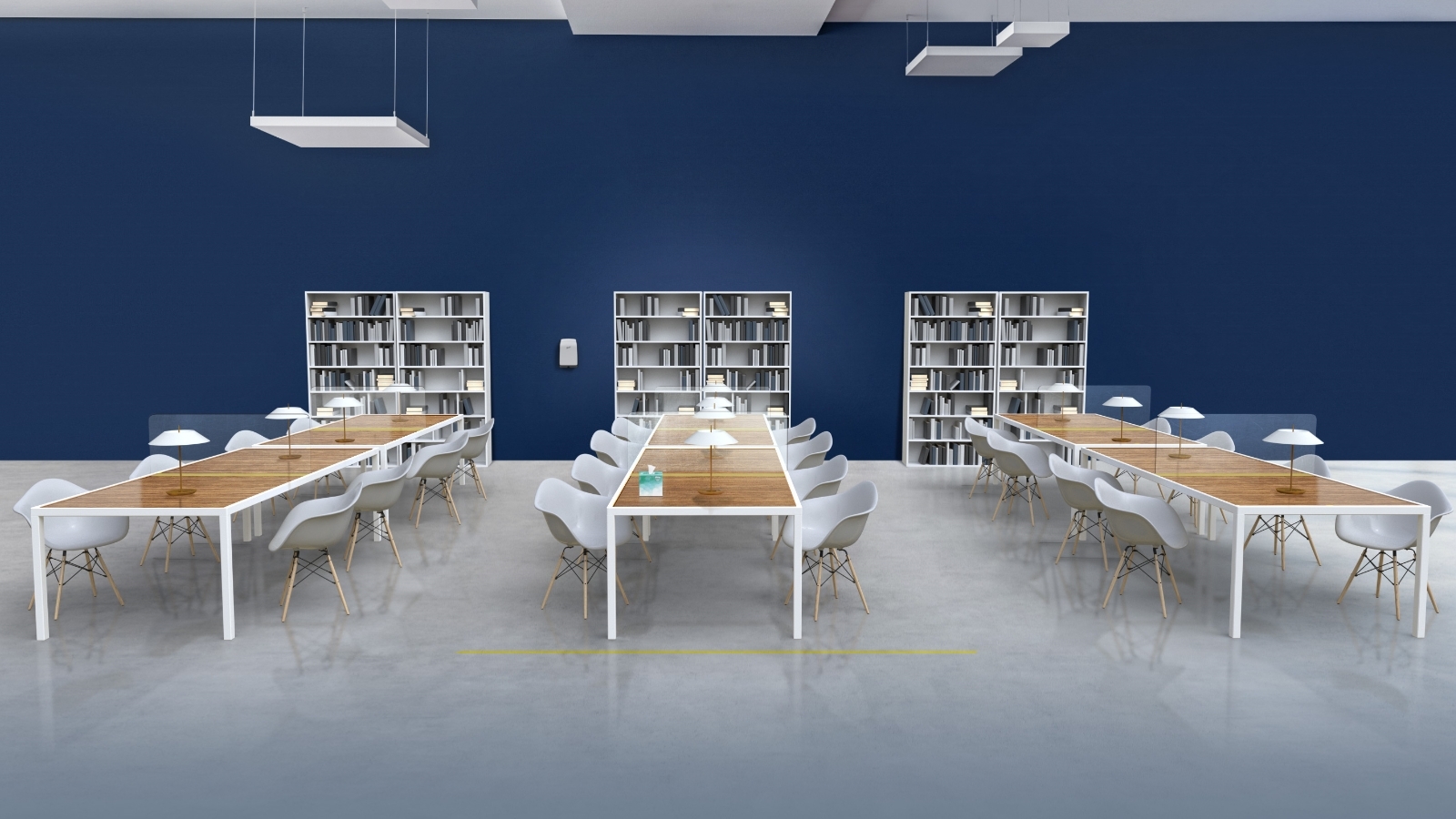 Rows of reading tables in library setting