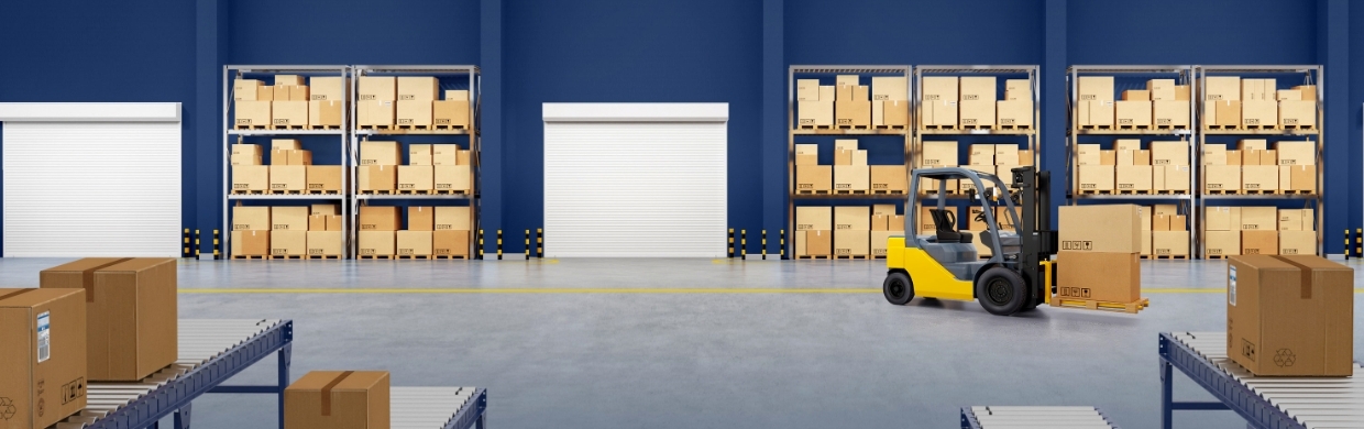 Forklift in warehouse filled with boxes