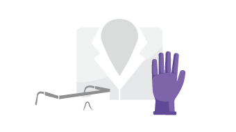 Illustration of safety glasses, protective clothing and a purple nitrile glove
