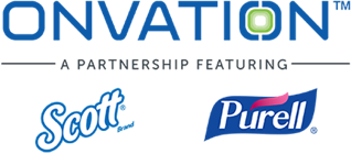 Onvation smart restroom system logo featuring partnership with Scott® and Purell®