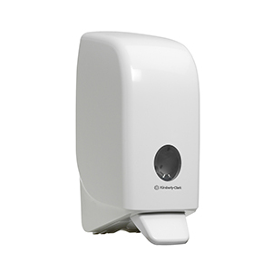 A white and black Scott® Control hand soap and sanitizer dispenser on a white background.