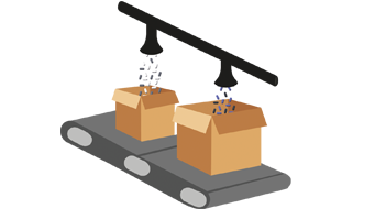 Illustration of cardboard boxes being filled with plastic pellets