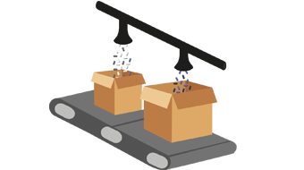 Illustration of cardboard boxes being filled with plastic pellets