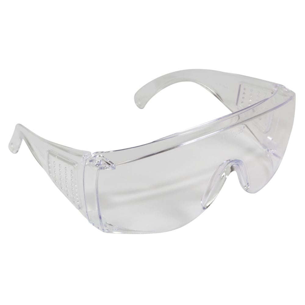KleenGuard® safety glasses with black temples and blue mirror lenses against white background