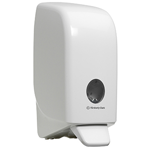 A white and black Scott® Control hand soap and sanitizer dispenser on a white background.