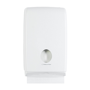 A white and black Scott® Control slimfold towel dispenser on a white background.