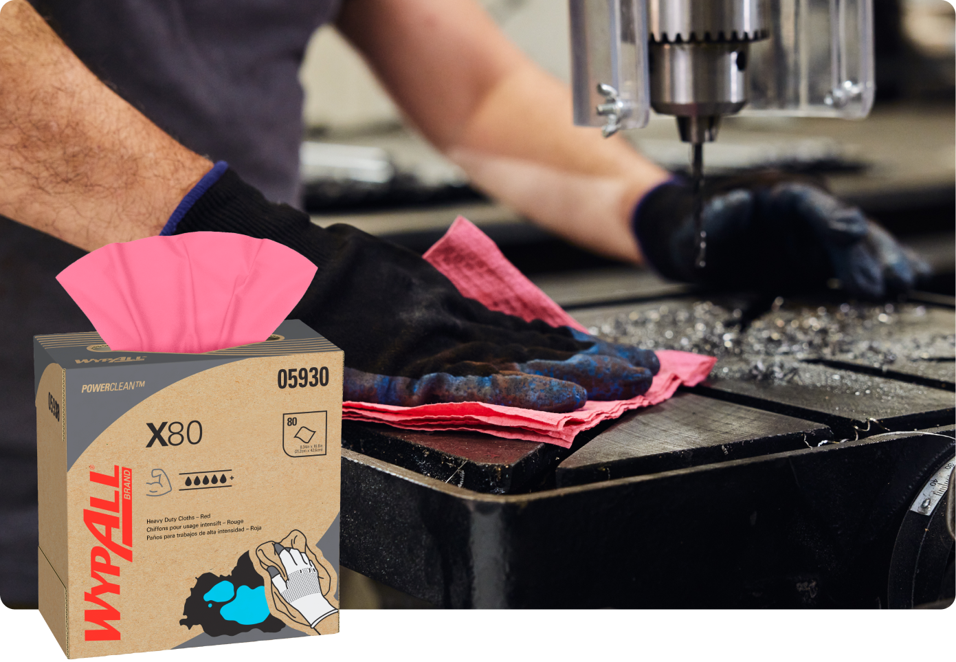 Box of WypAll® X80 Heavy Duty Cloths designed for tough industrial cleaning tasks.
