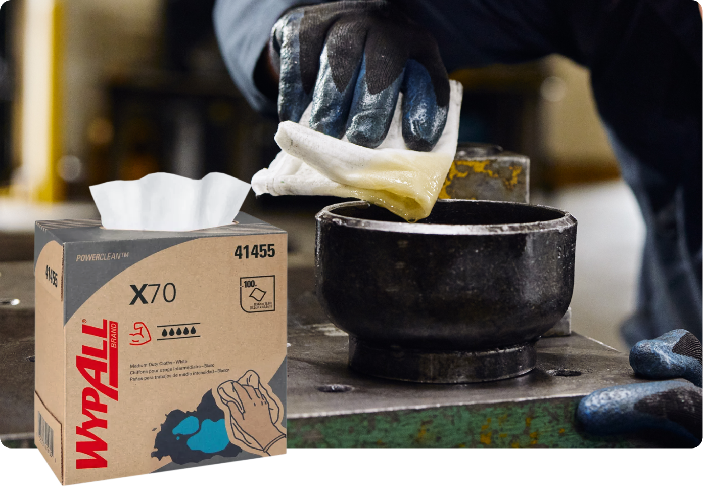 Box of WypAll® X70 Medium Duty Cleaning Cloths for chemical absorption.
