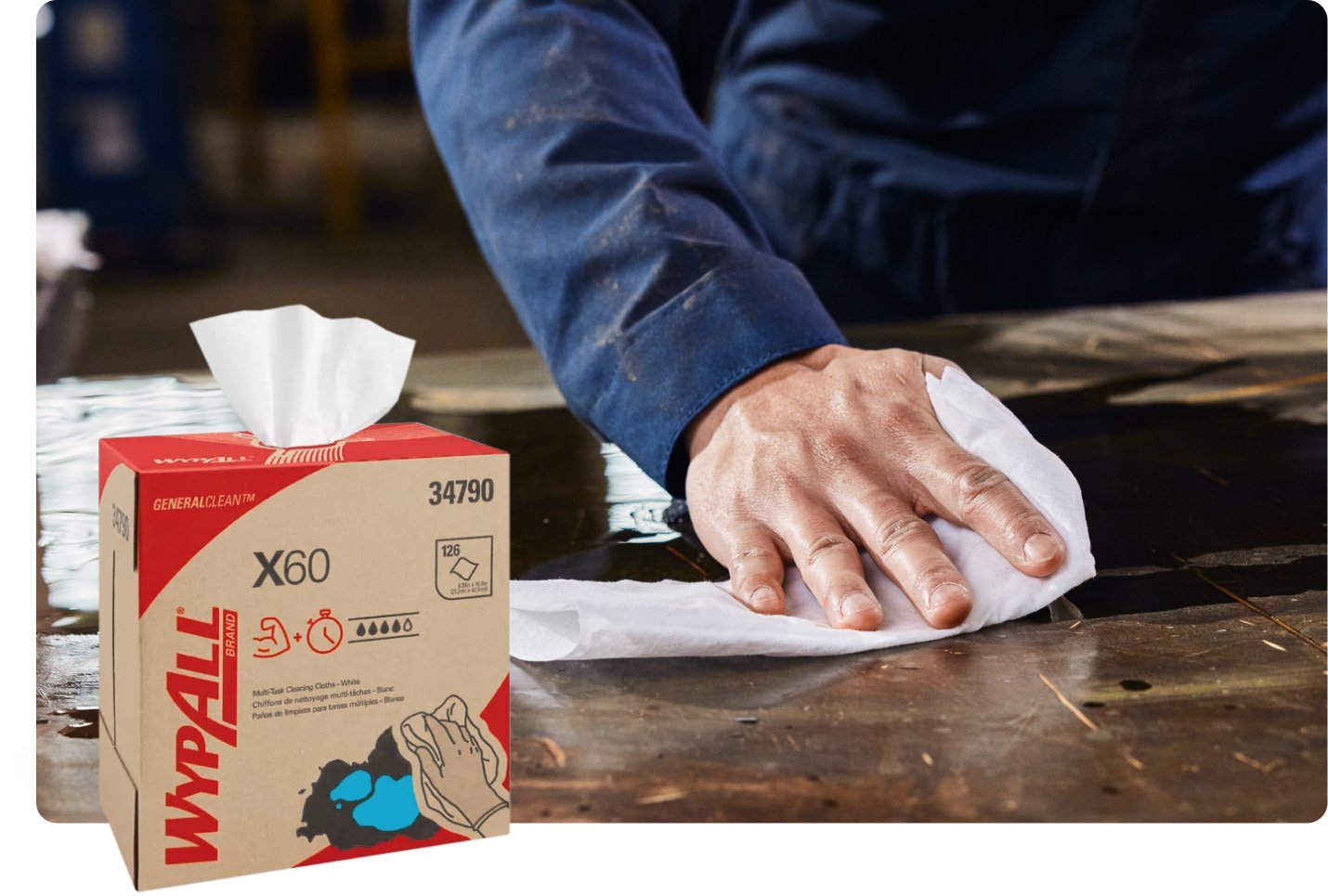 Box of WypAll® X60 Multi-Task Cleaning Cloths with text highlighting its high absorbency.