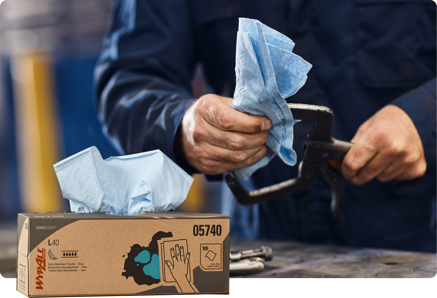 Box of WypAll® L40 Extra Absorbent Towels for liquid spills.
