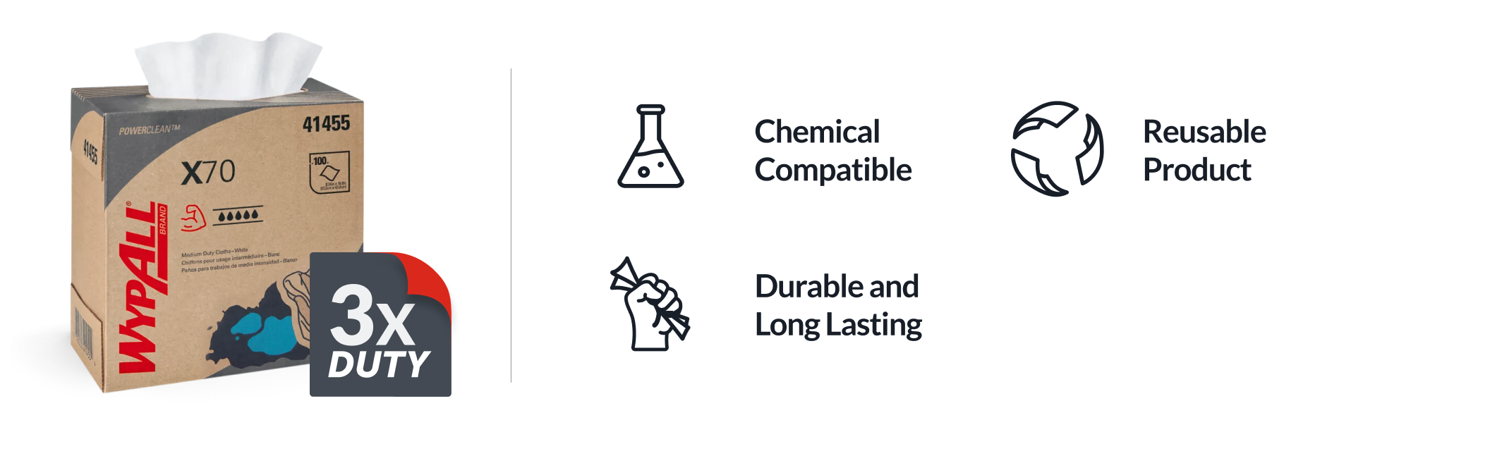 Box of WypAll® X70 Medium Duty Cleaning Cloths for chemical absorption.