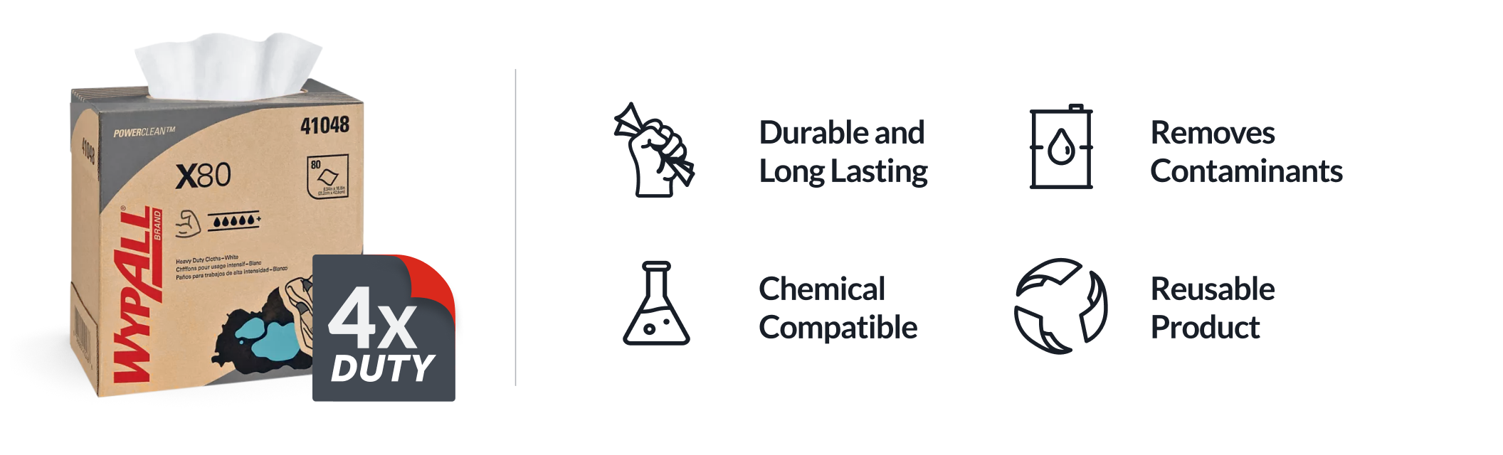 Box of WypAll® X80 Heavy Duty Cloths designed for cleaning challenging surfaces.