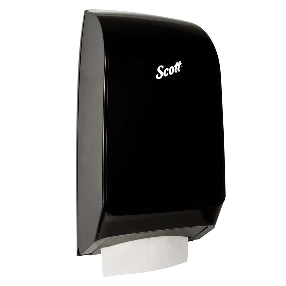 A chrome and black Scott® Scottfold™ folded towel dispenser on a white background.