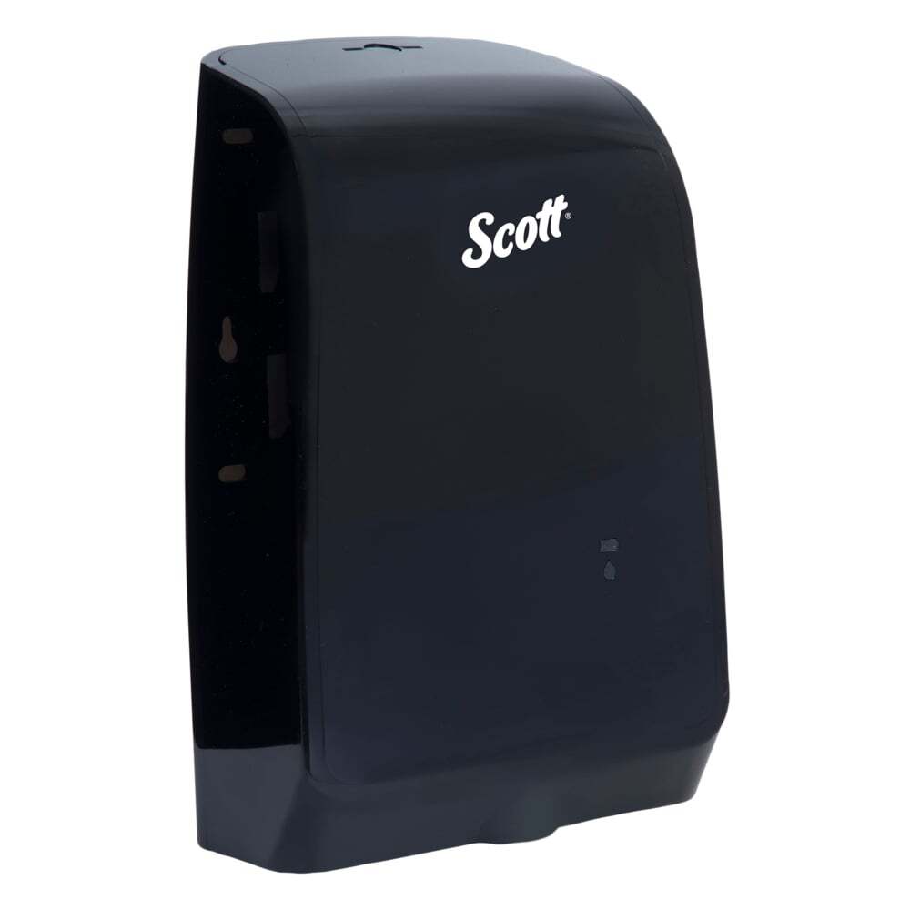 A chrome and black Scott® Pro electronic skin care dispenser on a white background.