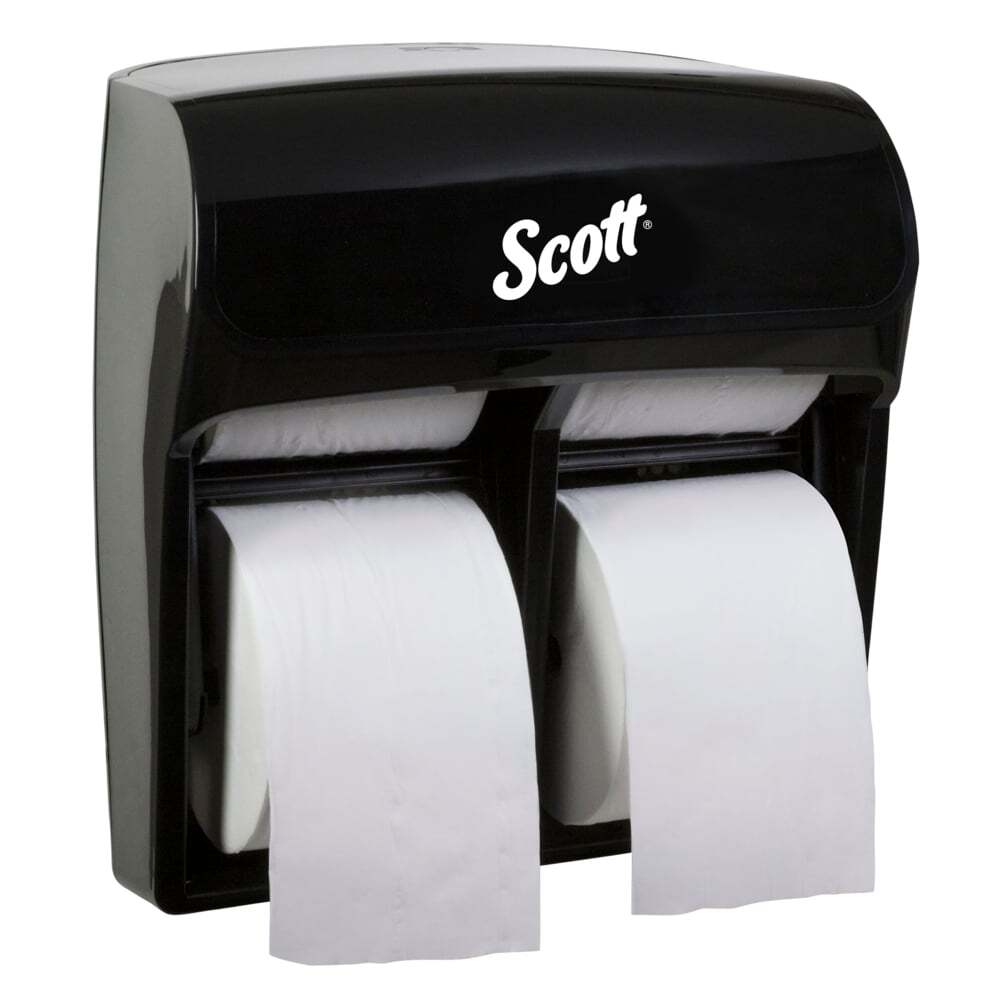 A chrome and black Scott® Pro 4 roll standard toilet paper dispenser on a white background.
