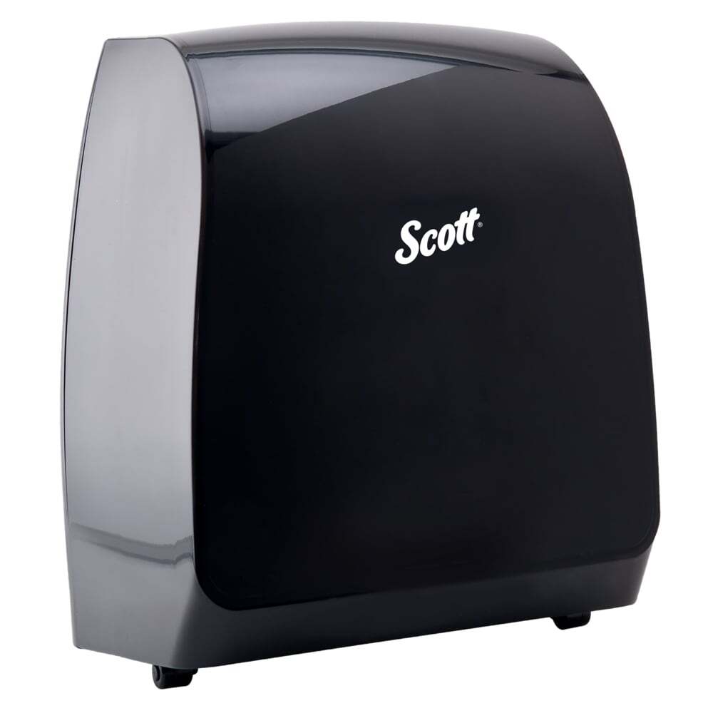 A chrome and black Scott® Pro electronic hard roll paper towel dispenser on a white background.