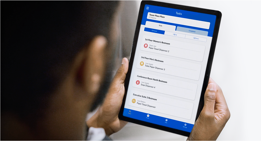 Mobile alert system guiding cleaners to high-priority restrooms via Compass® app