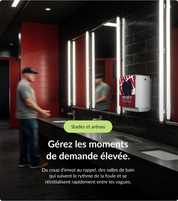 Salle de bain de grande capacité dans un stade équipée de distributrices et de consommables Kimberly-Clark Professional™