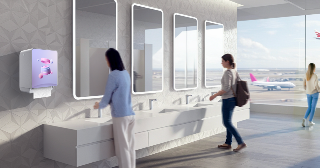  Modern high-traffic airport restroom featuring ICON ™ dispenser with custom faceplate 