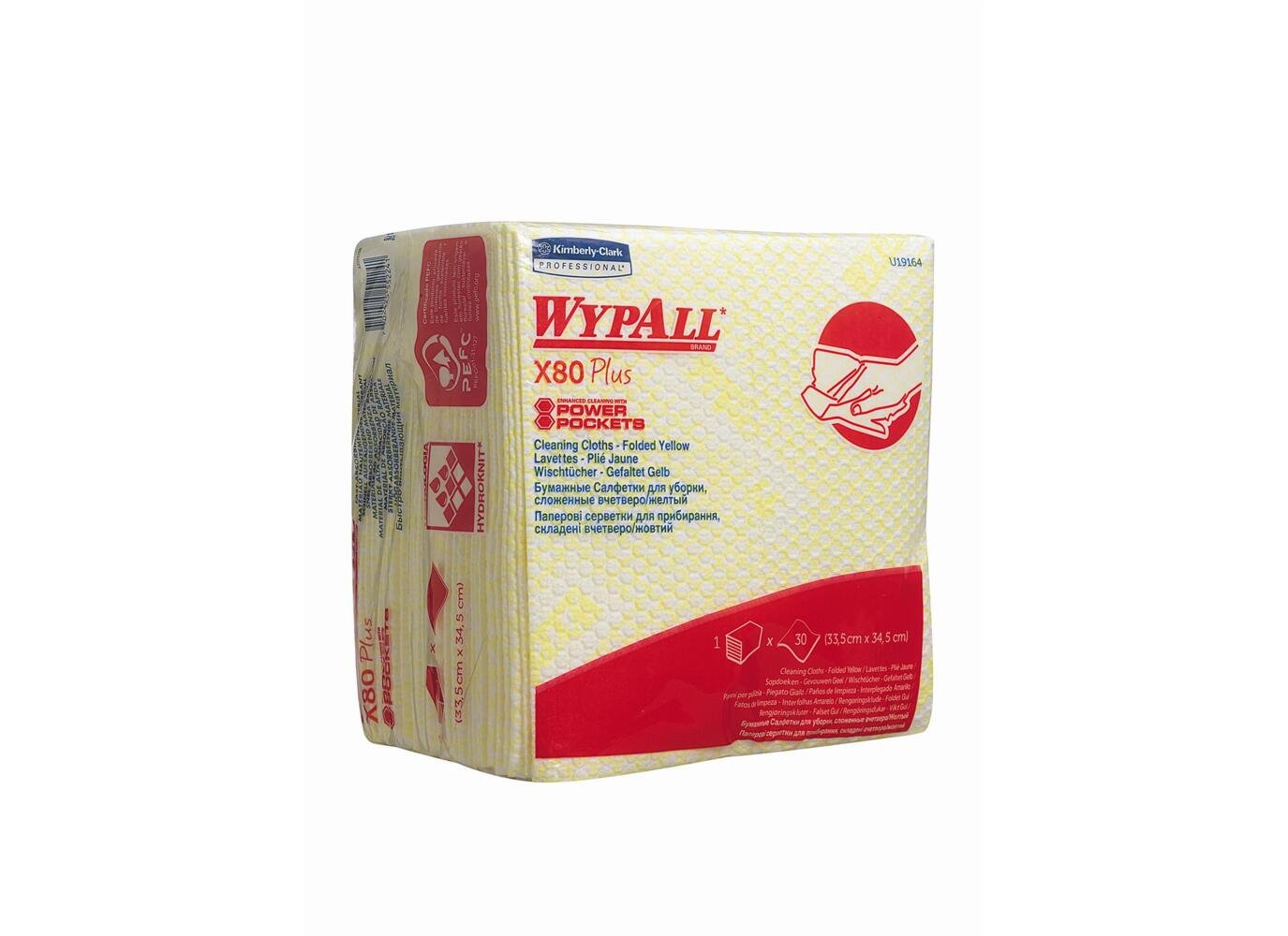 WypAll® X80 Plus Cloths 19164 - 8 packs x 30 quarter-fold, yellow cloths - 19164