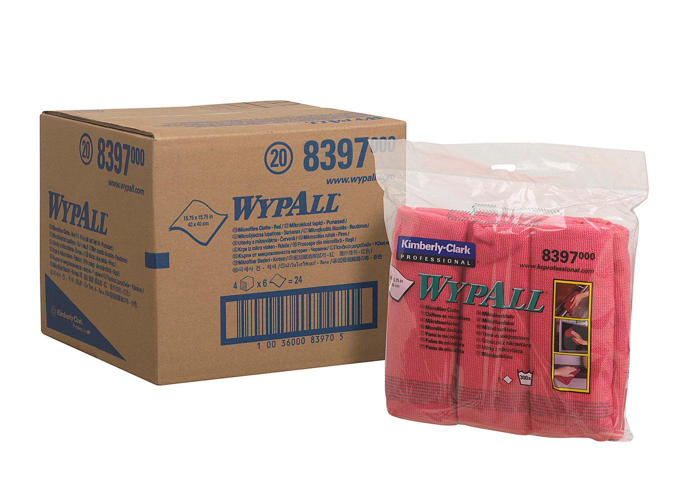 Chiffons en microfibres WypAll® 8397 - 4 paquets de 6 chiffons rouges de 40 x 40 cm (24 au total)  - 8397