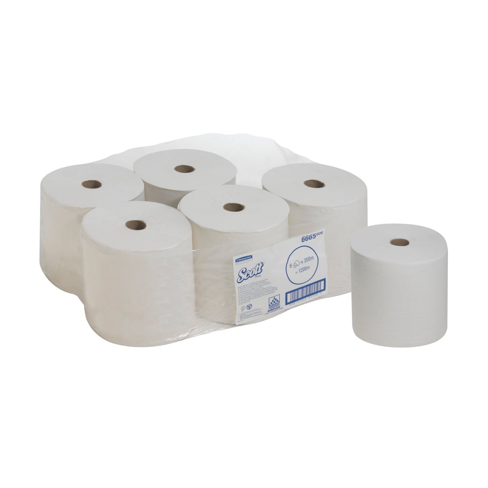 Scott® Performance Toallas secamanos 6665 - Hoja de 200 m blanca de 1 capa por rollo (la caja contiene 6 rollos) - 6665