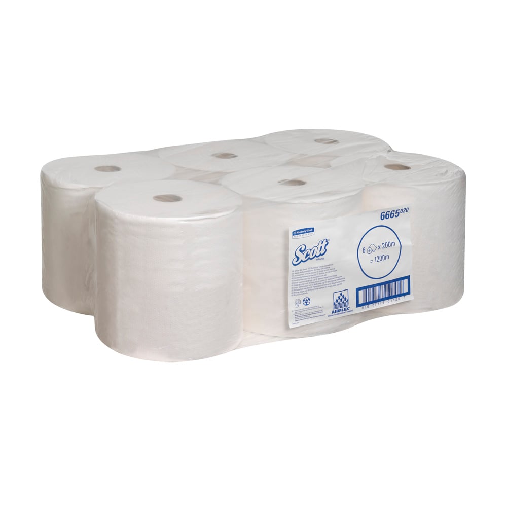 Scott® Performance Toallas secamanos 6665 - Hoja de 200 m blanca de 1 capa por rollo (la caja contiene 6 rollos) - 6665