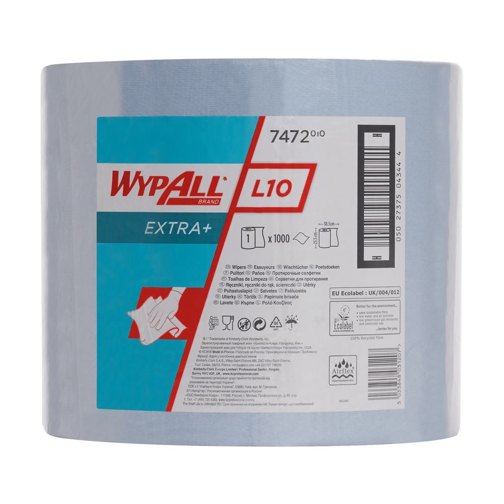 WypAll® L10 Extra+ Протирочный материал, код 7472, рулон Jumbo, 1 рулон x 1000 синих однослойных листов - 7472