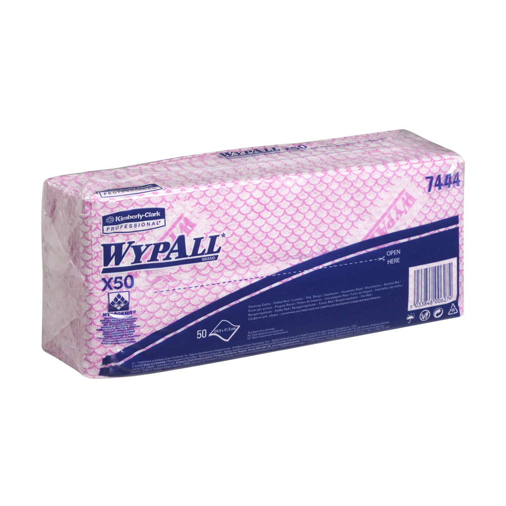 WypAll® X50 Colour Coded Cleaning Cloths 7444 - Red Wiping Cloths - 6 Packs x 50 Interfolded Colour Coded Cloths (300 total) - 7444