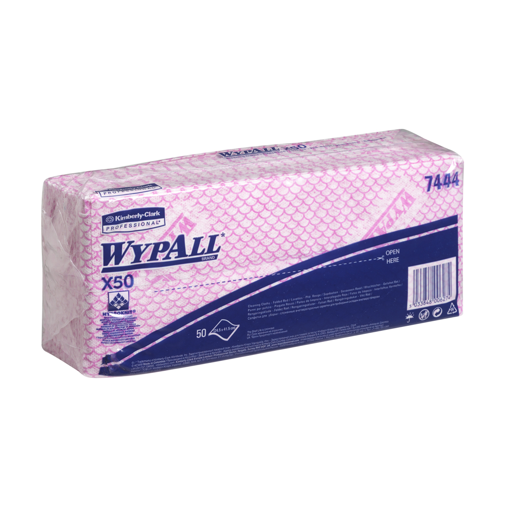 Протирочные материалы WypAll® X50 с цветовой кодировкой, код 7444, красные, 6 упаковок x 50 салфеток со сложением Interfold (всего 300 шт.) - 7444