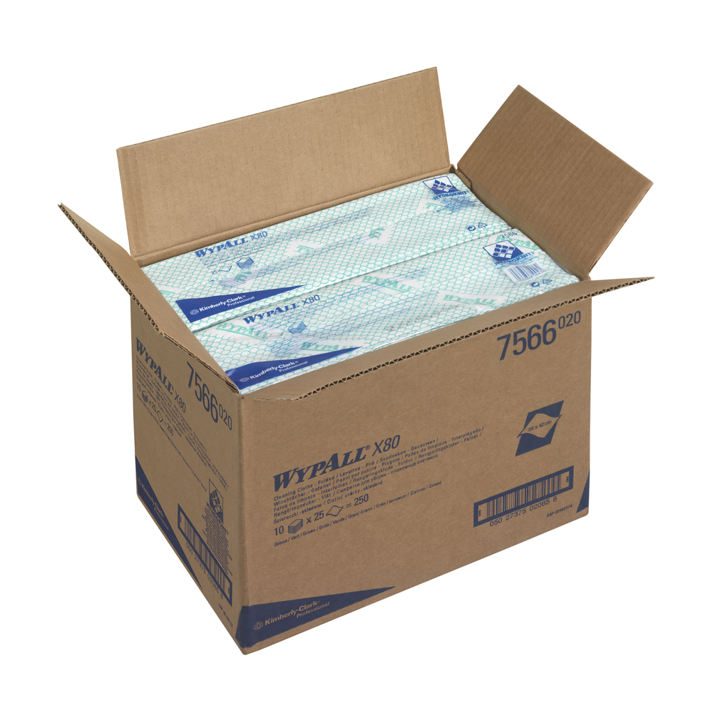 WypAll® X80 Farbcodierte Reinigungstücher 7566 – Reinigungstücher Grün – 10 Packungen x 25 Reinigungstücher für hohe Beanspruchung (insges. 250) - 7566